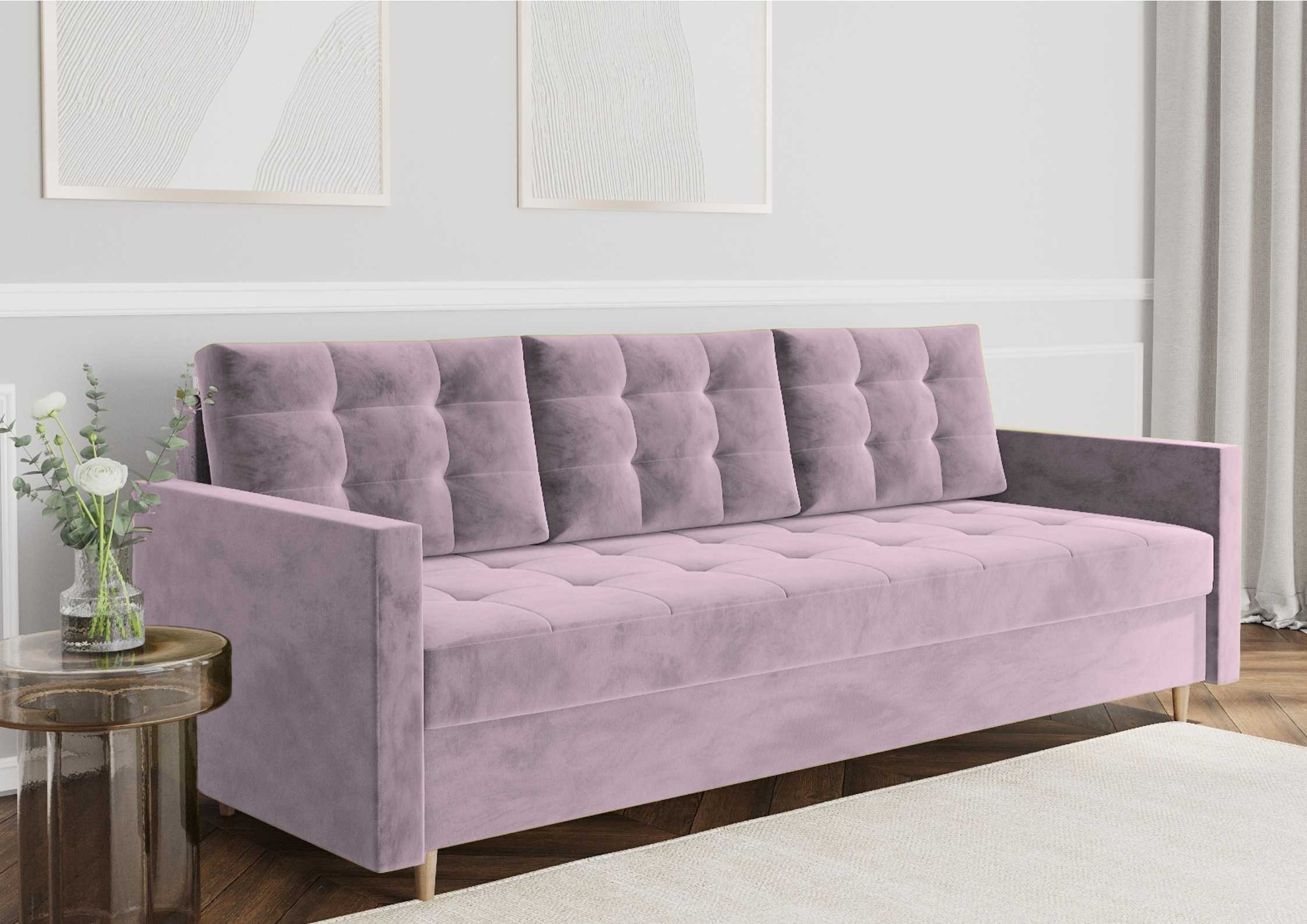 Pikowana sofa z funkcją spania na drewnianych nogach w kolorze różowym